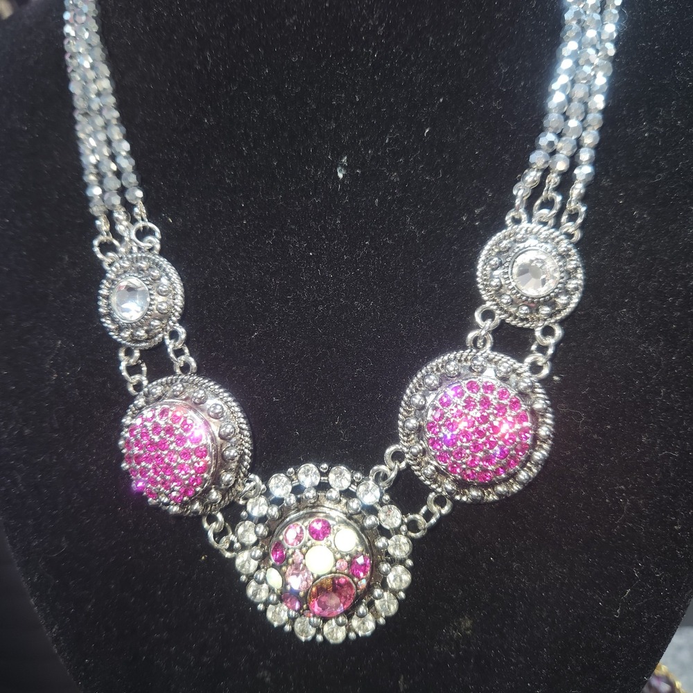 Silver Tone Statement Necklace Pink Clear Rhinestone Medallion Triple Strand